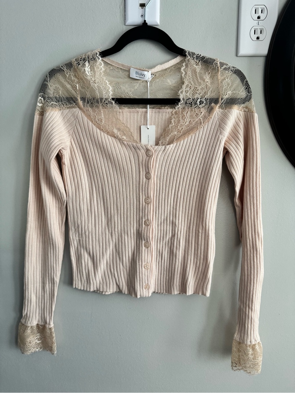 Bluivy Cream Ribbed Button-Up Top with Lace Trim